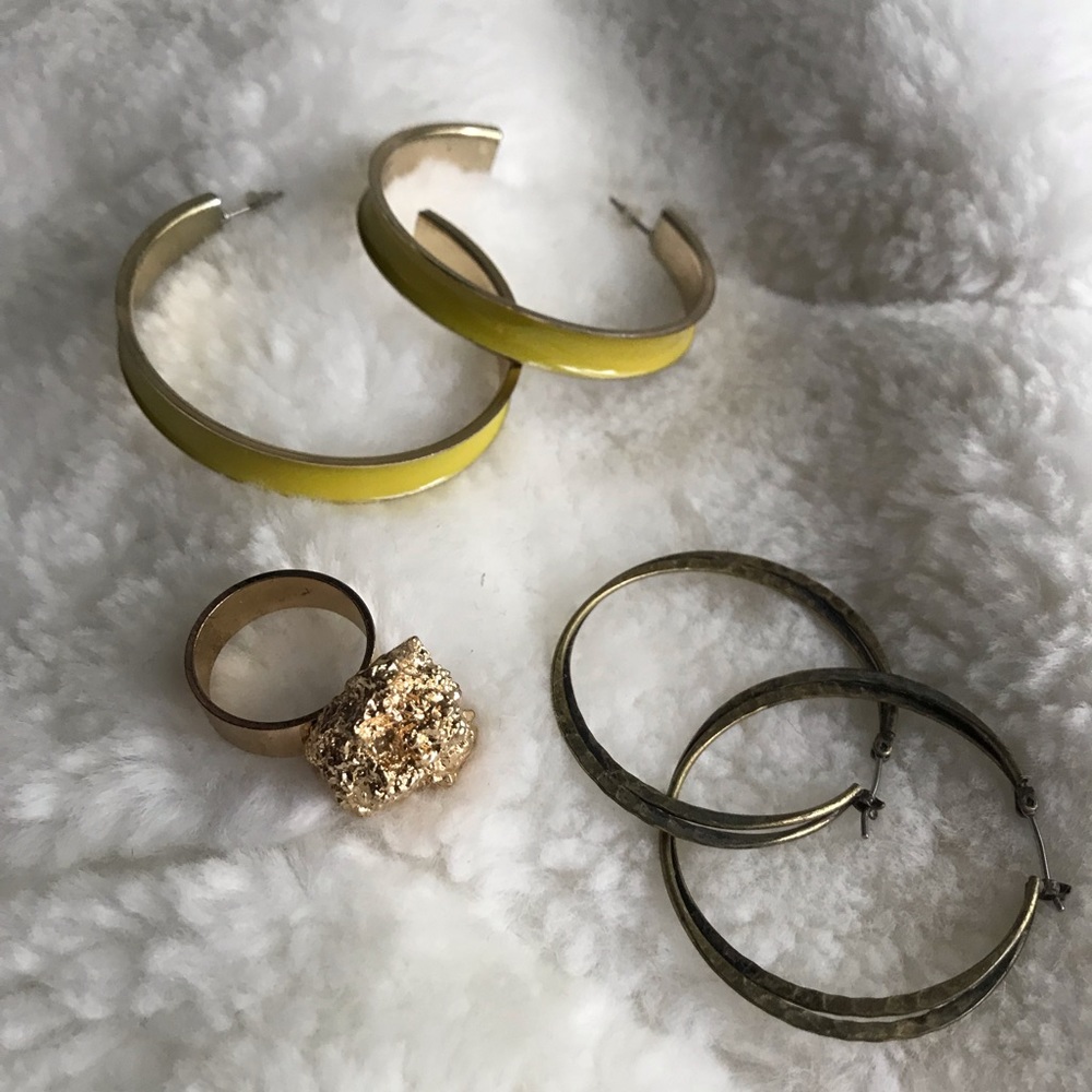 Yellow Hoop Earrings Ring Trio Set Jewelry LOT